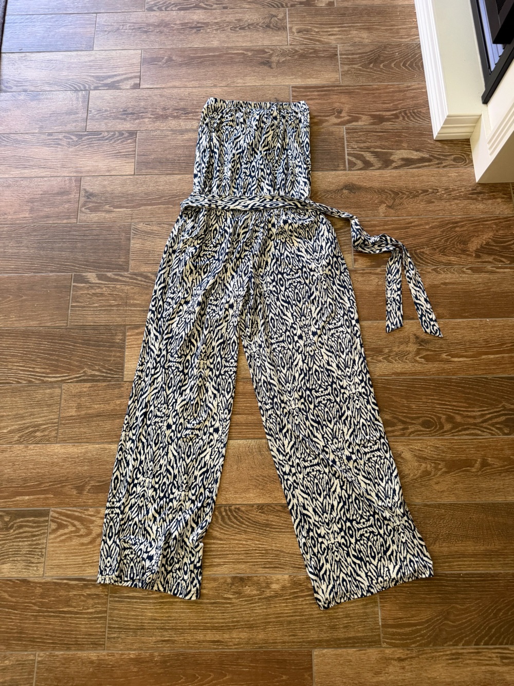 L'Amour Navy and White Printed Pantsuit with Tie Waist